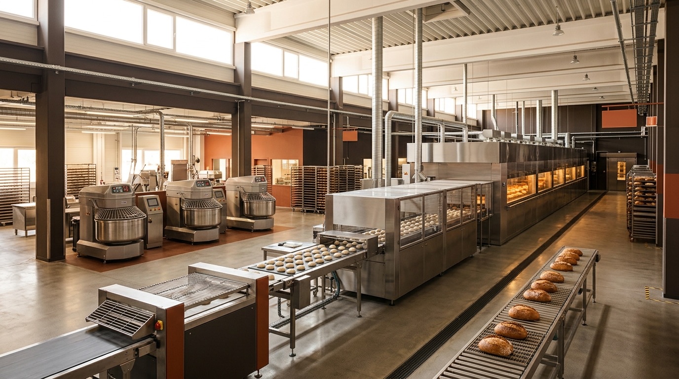Inside a modern commercial bakery production facility