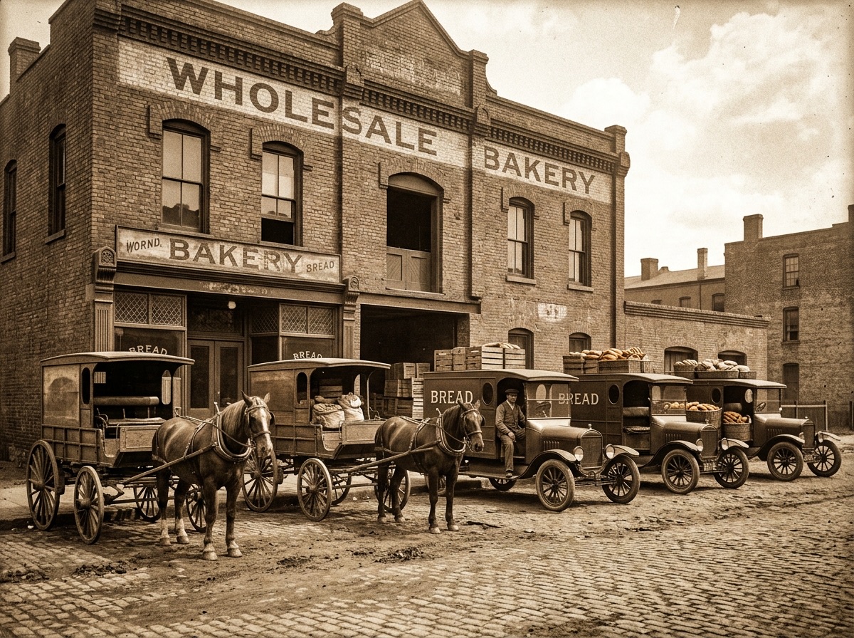 A 1920s wholesale bakery and delivery wagons